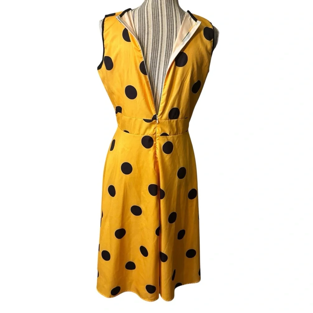 Yellow Polka Dot Dress Large Midi Sleeveless Faux Wrap Black Dots Cotton Poly - Picture 7 of 16
